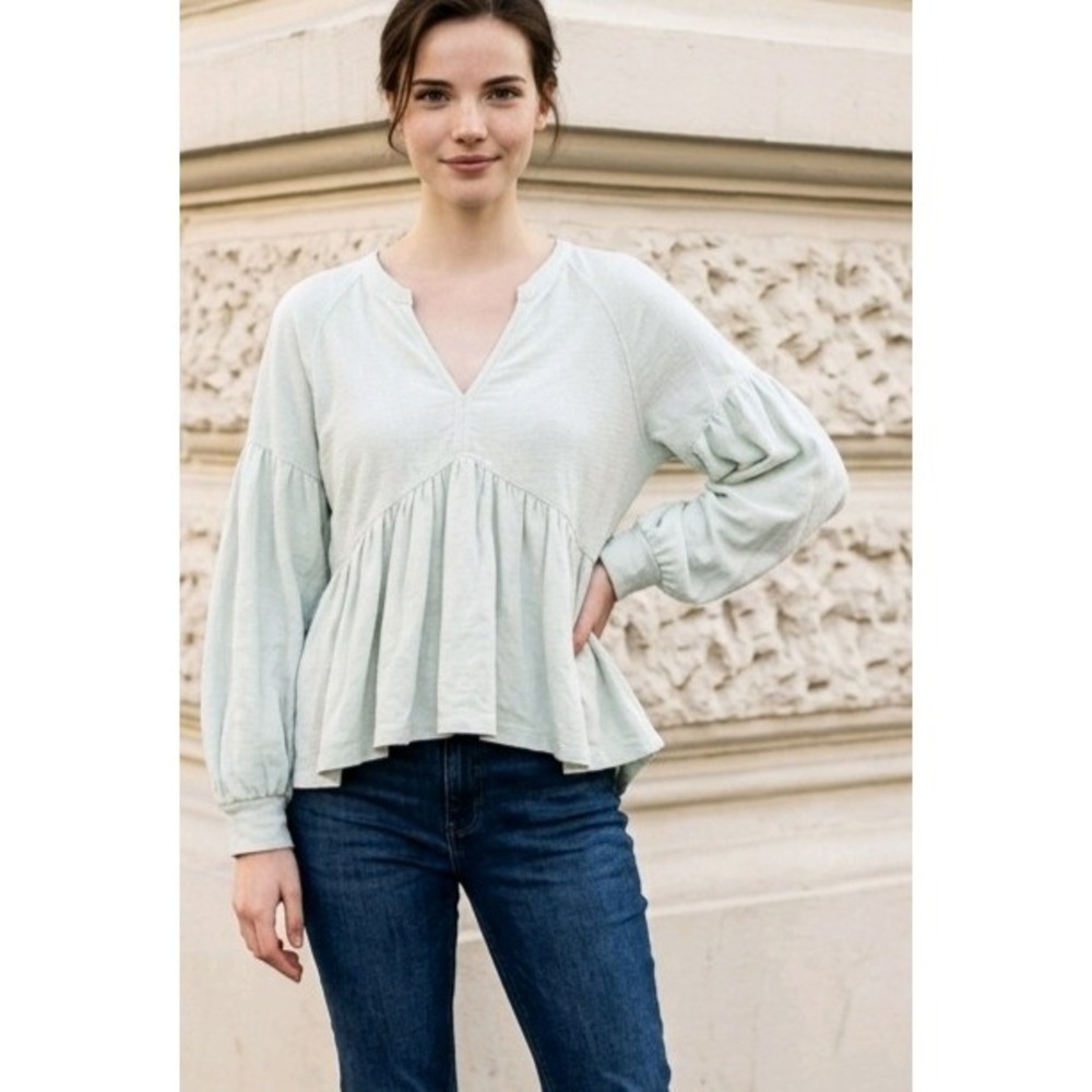 Pilcro Mint Green V-Neck Babydoll Top Hi-Lo Balloon Sleeve XS Coastal Boho